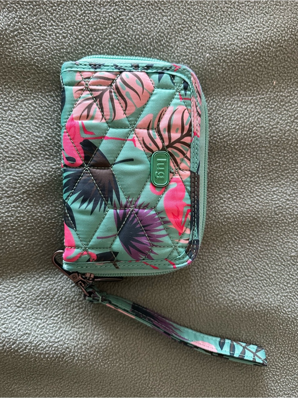 lug Quilted Wristlet Clutch “Rodeo” in Mint with Pink Flamingo Print